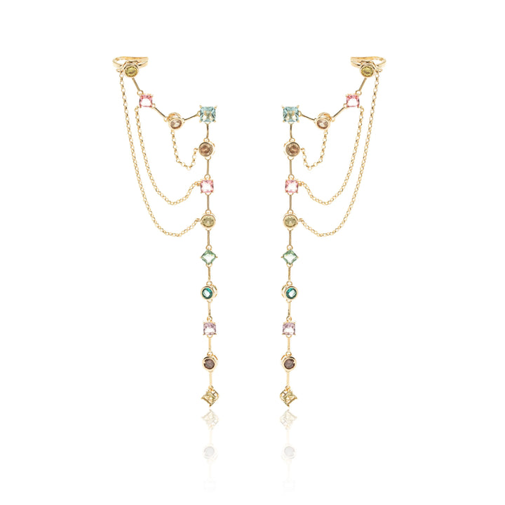 Bright Crystals Chain Shapes Earrings, 18k Gold Filled