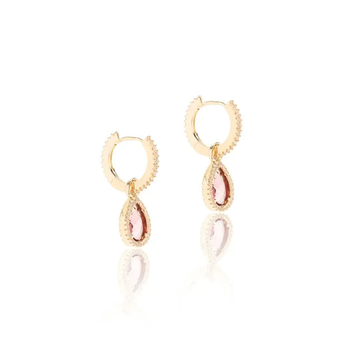 Bright Dangling Rhodolite Teardrop Crystal Hoops, 18k Gold Filled