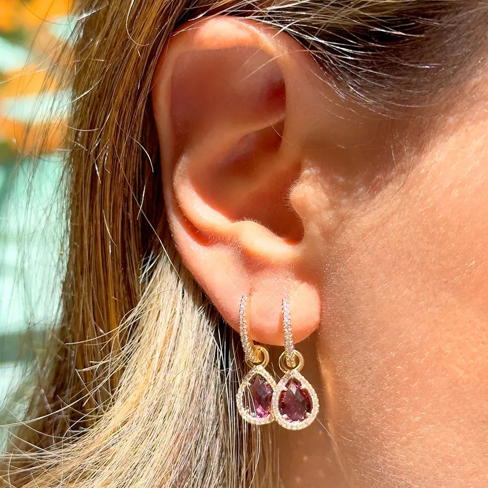 Bright Dangling Rhodolite Teardrop Crystal Hoops, 18k Gold Filled