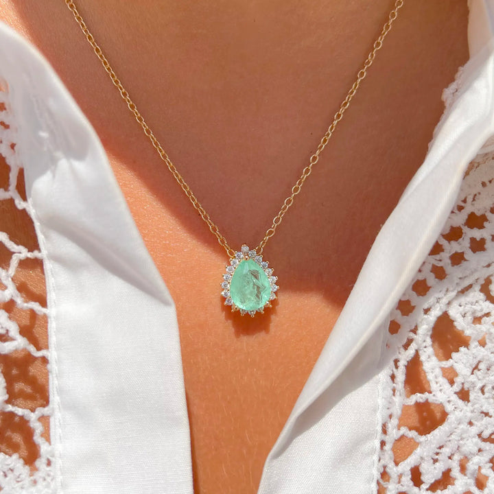 Bright Drop Colombian Emerald Fusion Necklace & White Zirconia, 18k Gold Filled