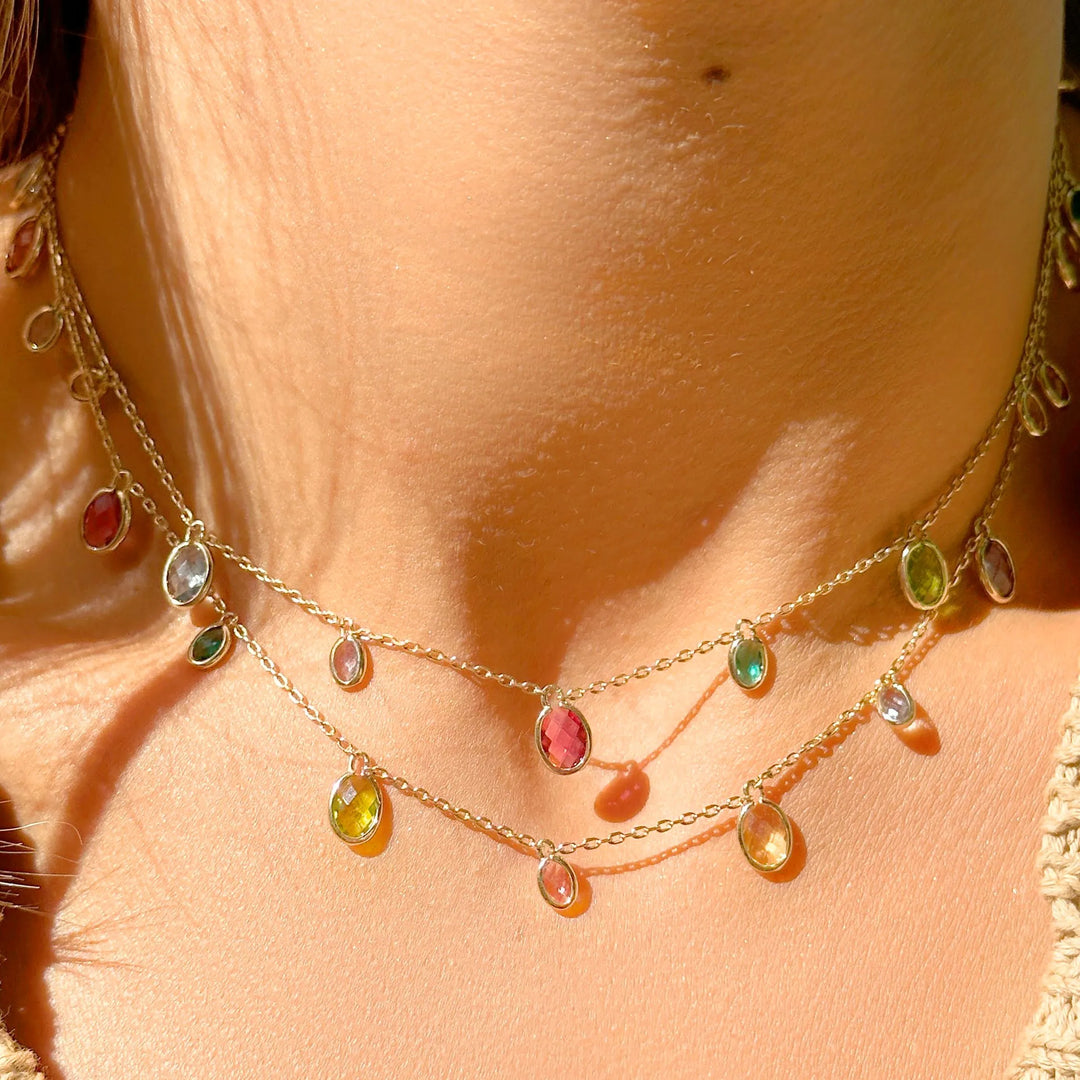 Woman wears Drop Multicolour Crystal Necklace 18k Gold Filled Elladora Store Australia
