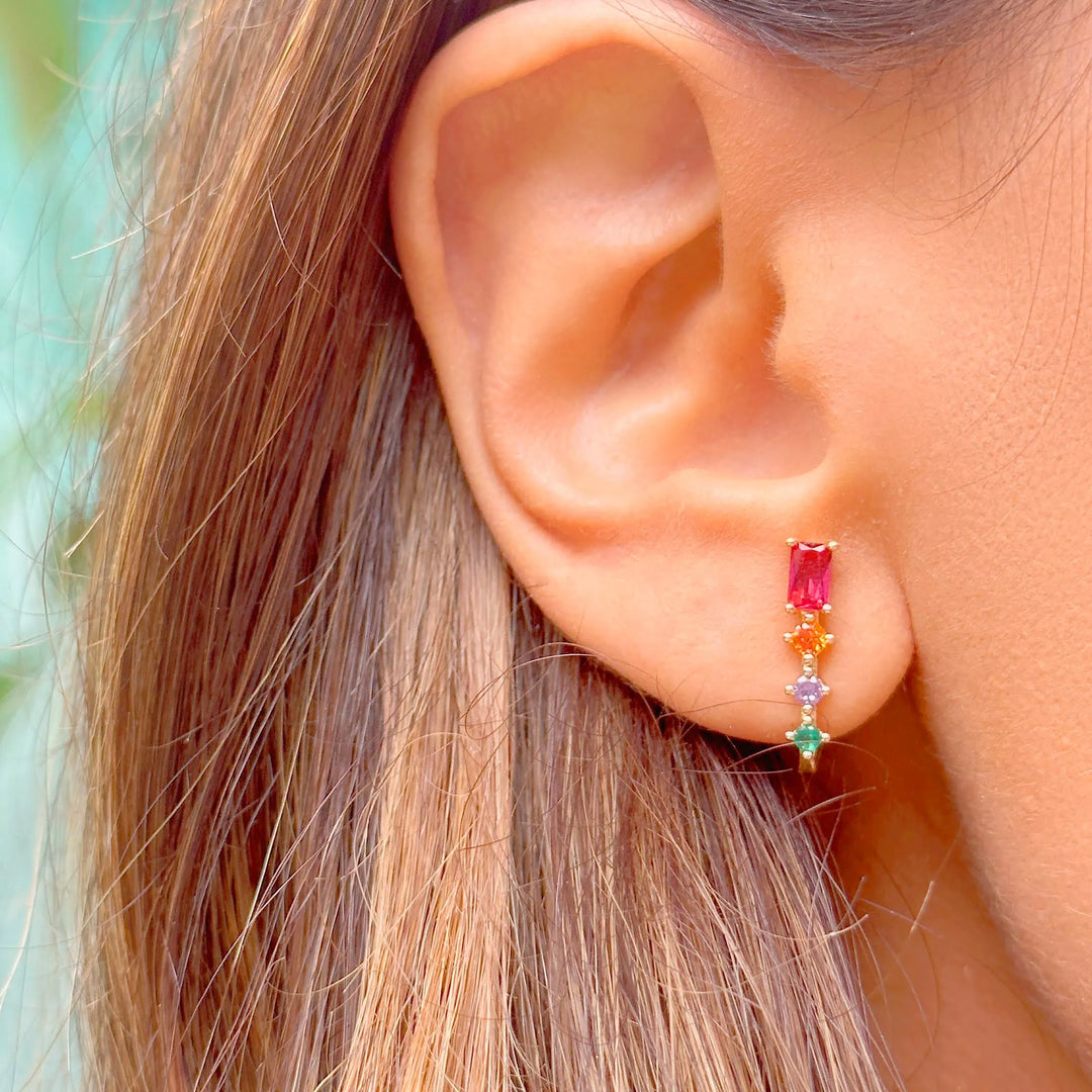 Woman wears 18k Gold Filled Ear Hook earrings multicolour crystals Elladora Store Australia