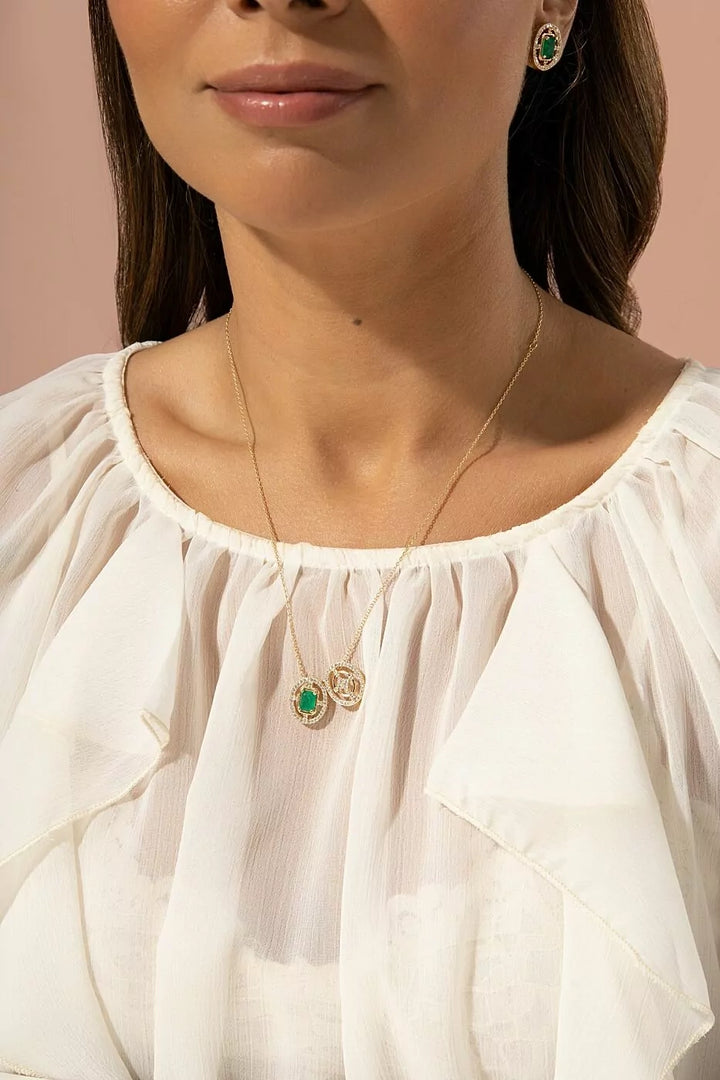 Bright Emerald Crystal Necklace Two Pendants, 18k Gold Filled