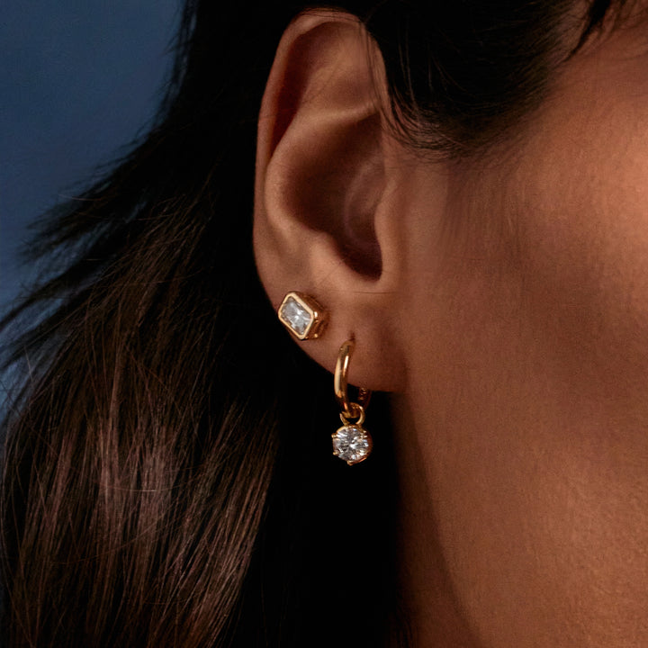 Bright Faceted Square Moissanite Stud Earrings, 925 Sterling Silver & Gold