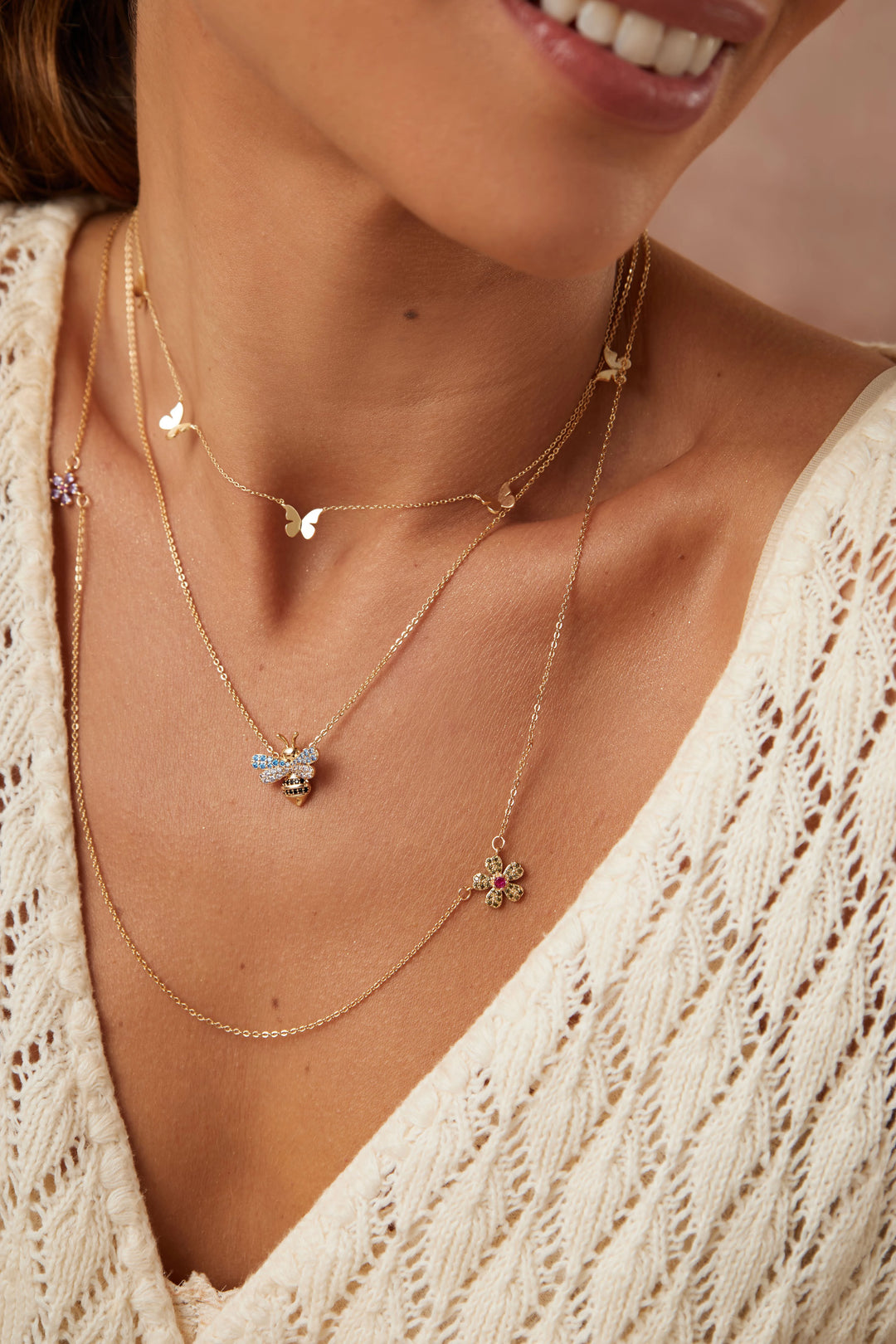 Bright Five Butterfly Necklace 47cm, 18k Gold Plated