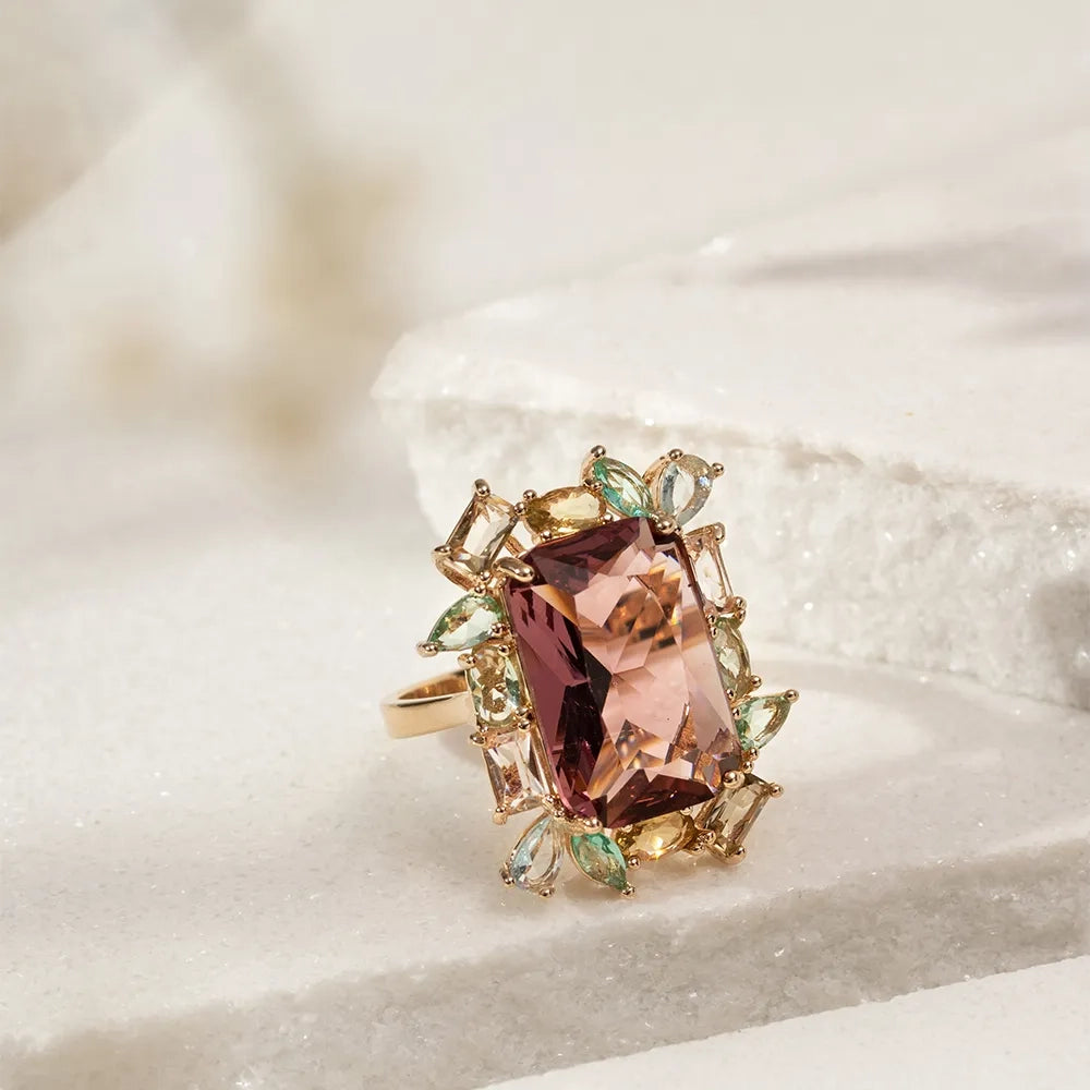 Bright Garden Rectangular Morganite Crystal Ring, 18k Gold Filled