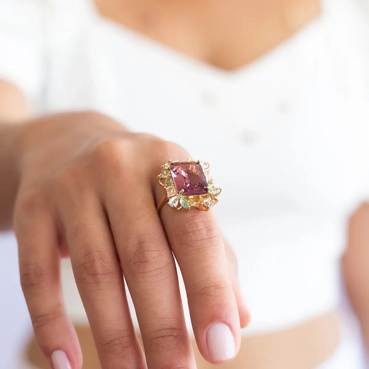 Bright Garden Rectangular Morganite Crystal Ring, 18k Gold Filled