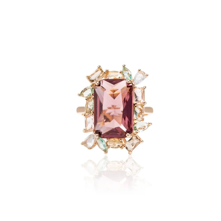 Bright Garden Rectangular Morganite Crystal Ring, 18k Gold Filled