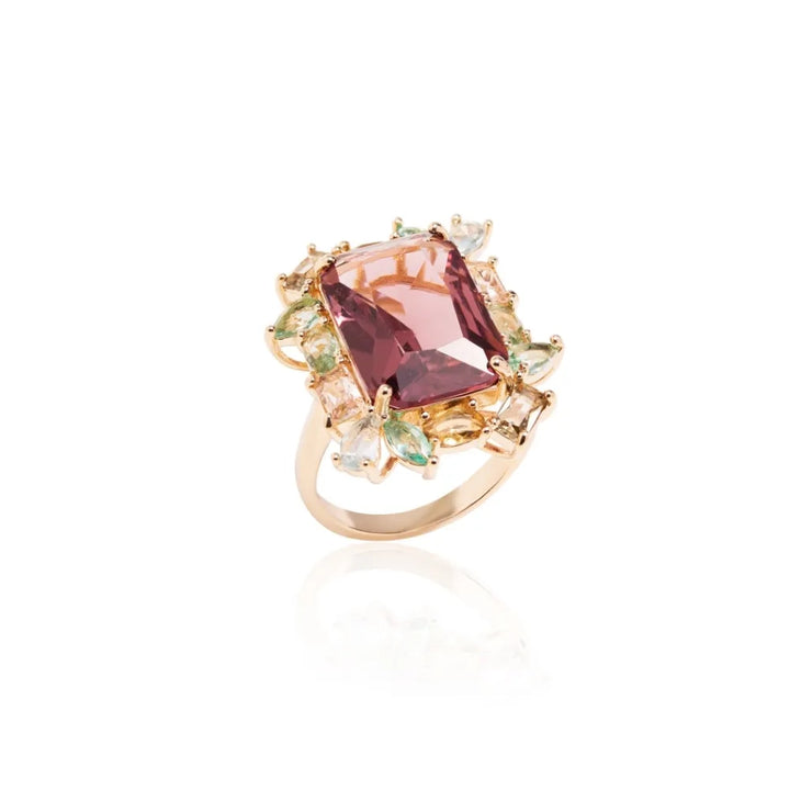 Bright Garden Rectangular Morganite Crystal Ring, 18k Gold Filled