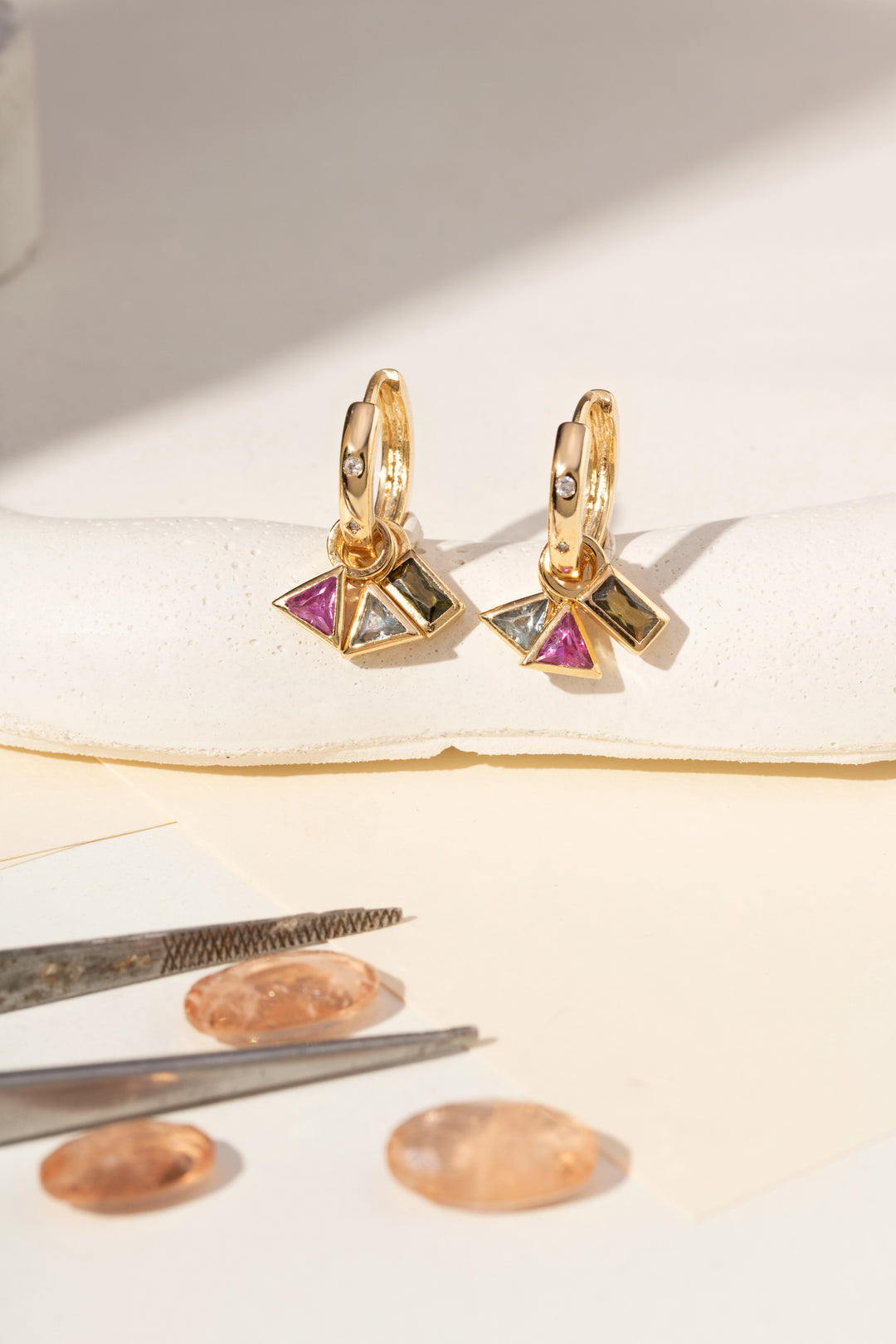 Bright Geometric Charms Hoop Earrings 14mm, 18k Gold Filled