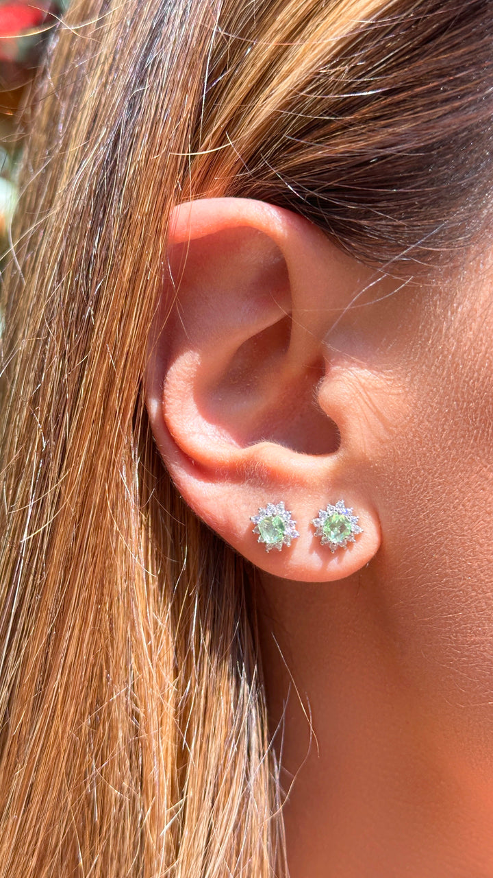 Bright Green Beryl Square Stud Earrings with White Cubic Zirconia, Rhodium Plated