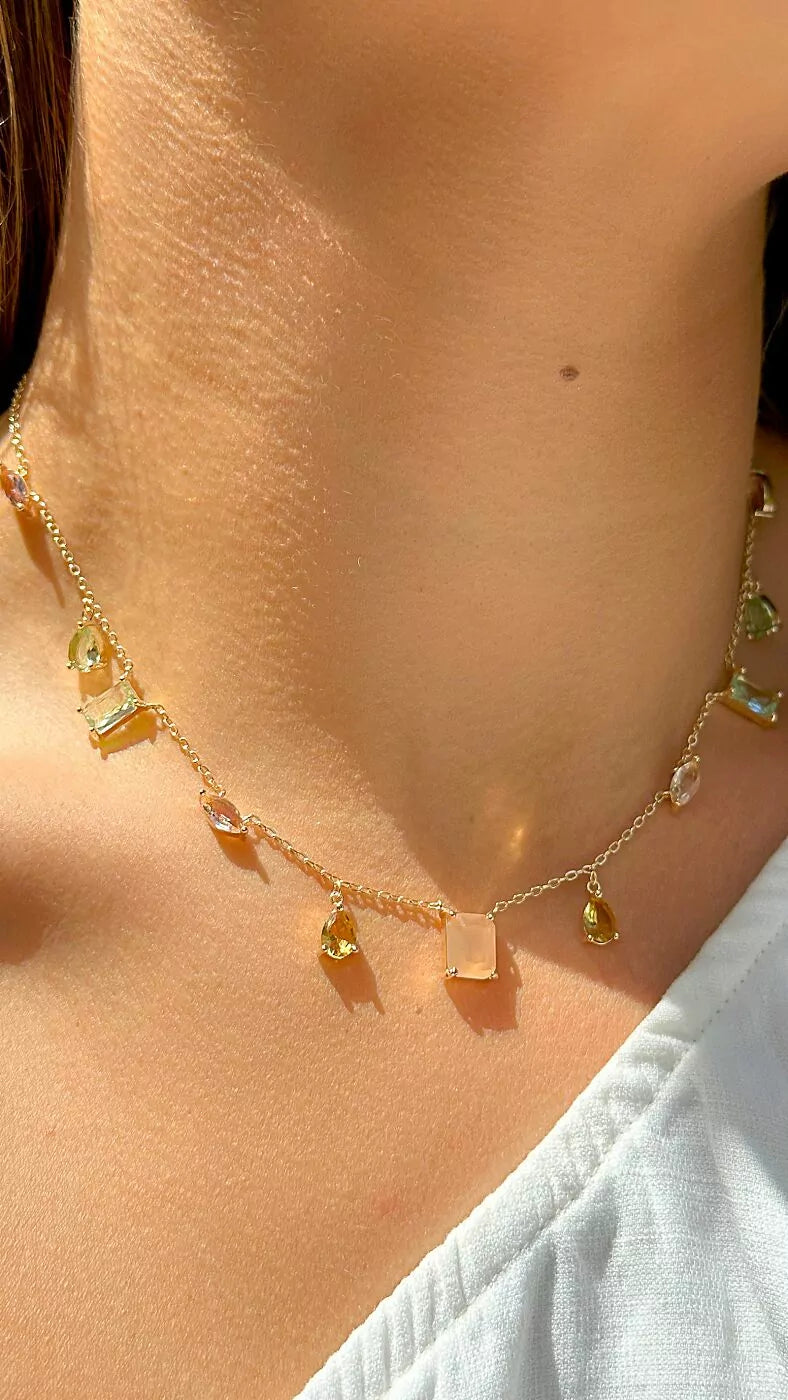 Bright Mixed-Shape Pastel Crystal Necklace 51cm, 18k Gold Filled