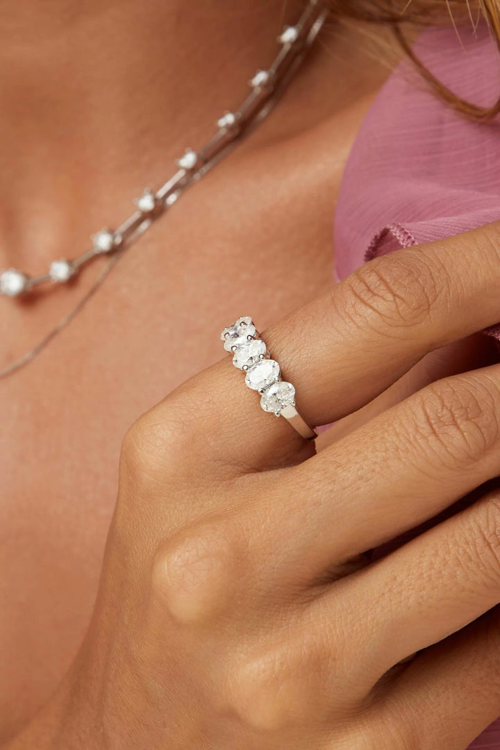 Bright Moissanite Oval Band Ring, 925 Sterling Silver