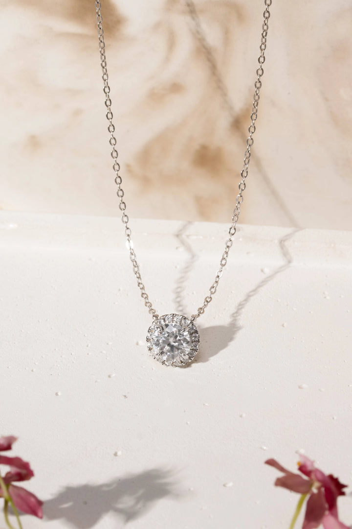 Bright Moissanite Solitaire Pendant Necklace 7mm, 925 Sterling Silver Rhodium Plated