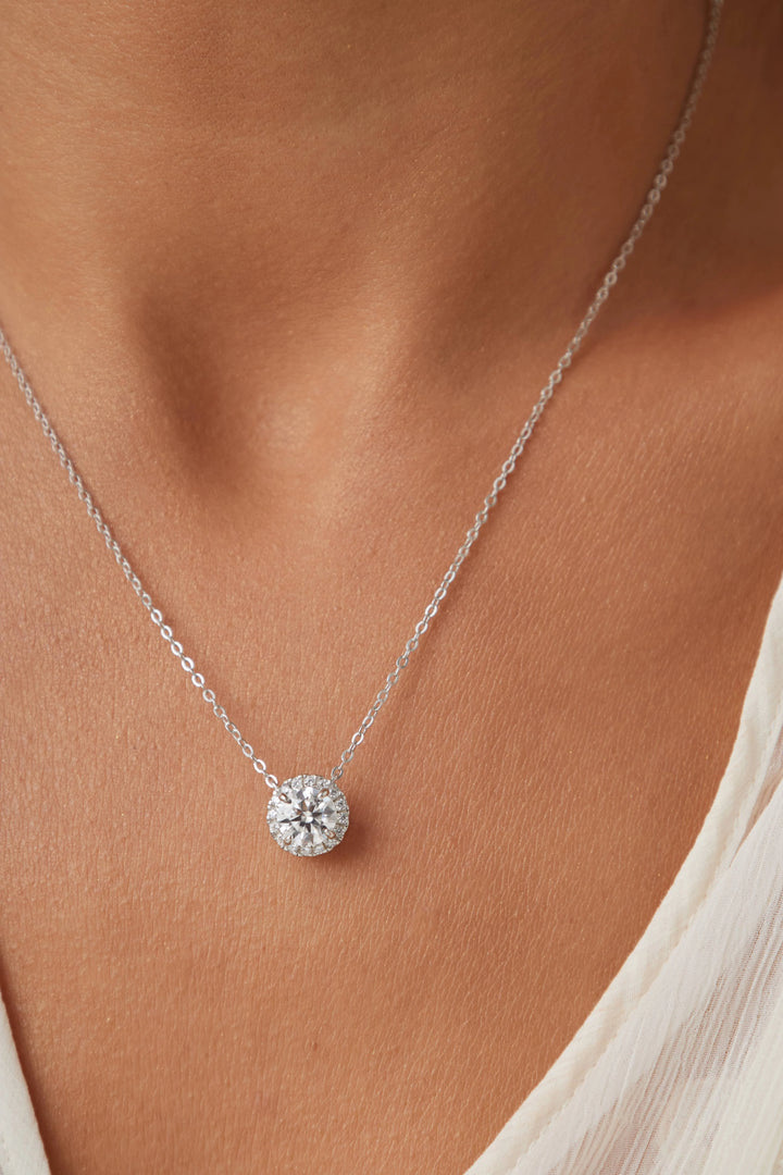 Bright Moissanite Solitaire Pendant Necklace 7mm, 925 Sterling Silver Rhodium Plated