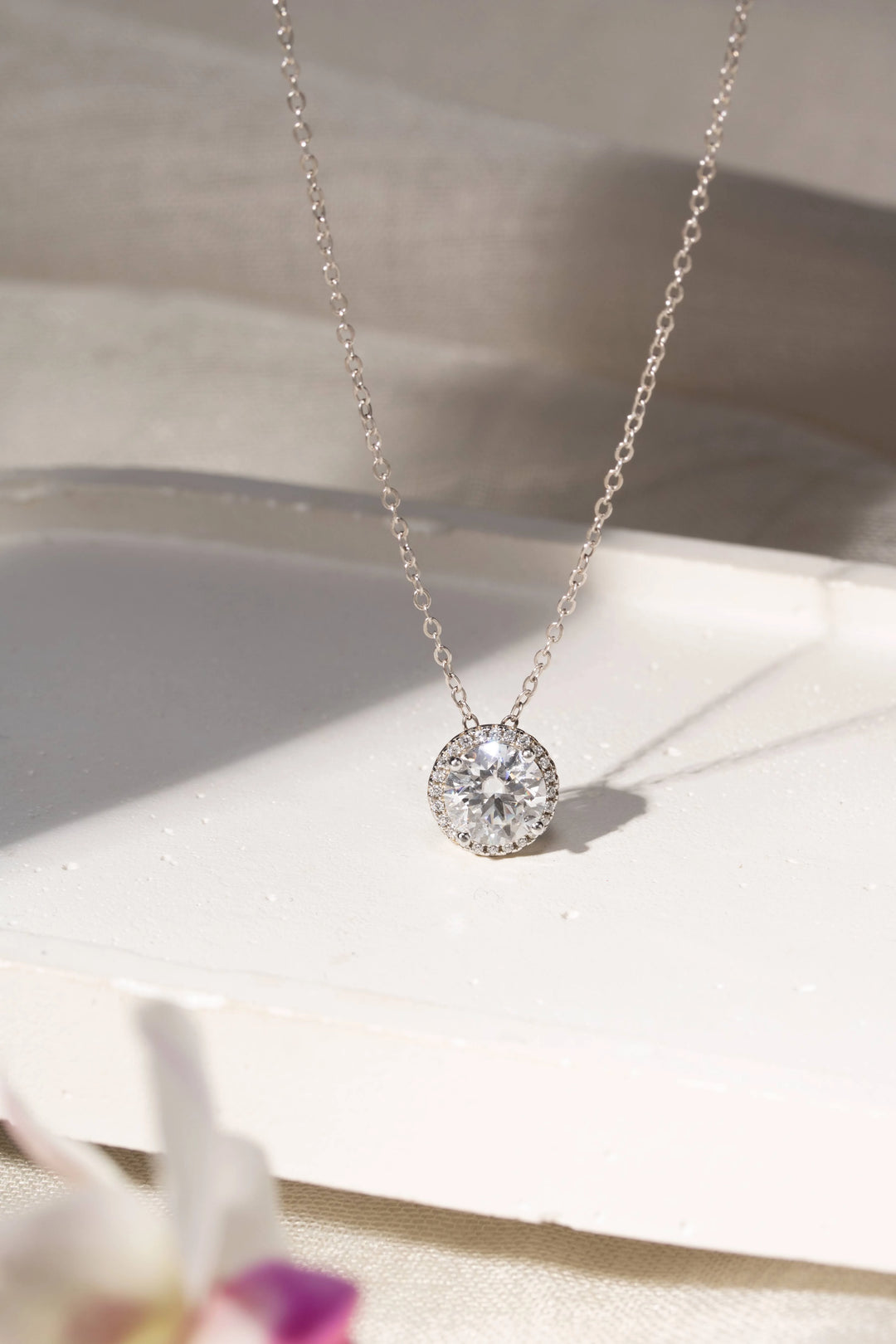 Bright Moissanite Solitaire Pendant Necklace 7mm, 925 Sterling Silver Rhodium Plated