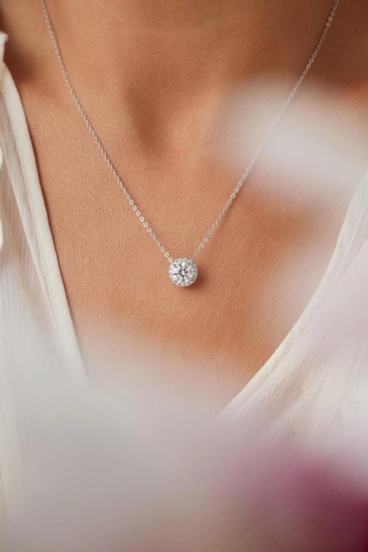 Bright Moissanite Solitaire Pendant Necklace 7mm, 925 Sterling Silver Rhodium Plated