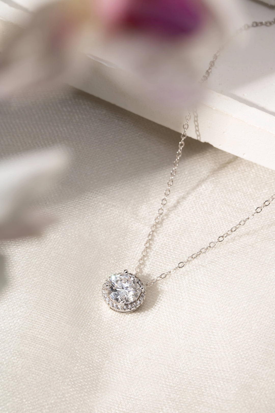 Bright Moissanite Solitaire Pendant Necklace 7mm, 925 Sterling Silver Rhodium Plated