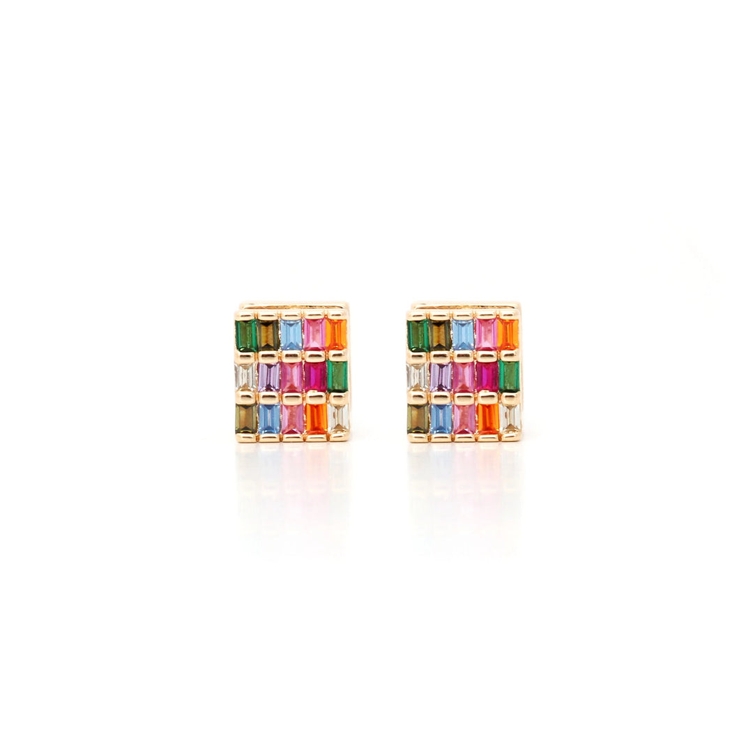 Bright Multicolour  Baguette Square Crystals Earrings, 18k Gold Filled