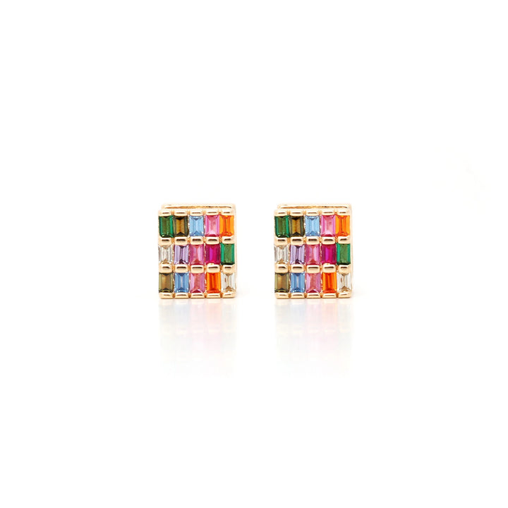 Bright Multicolour  Baguette Square Crystals Earrings, 18k Gold Filled