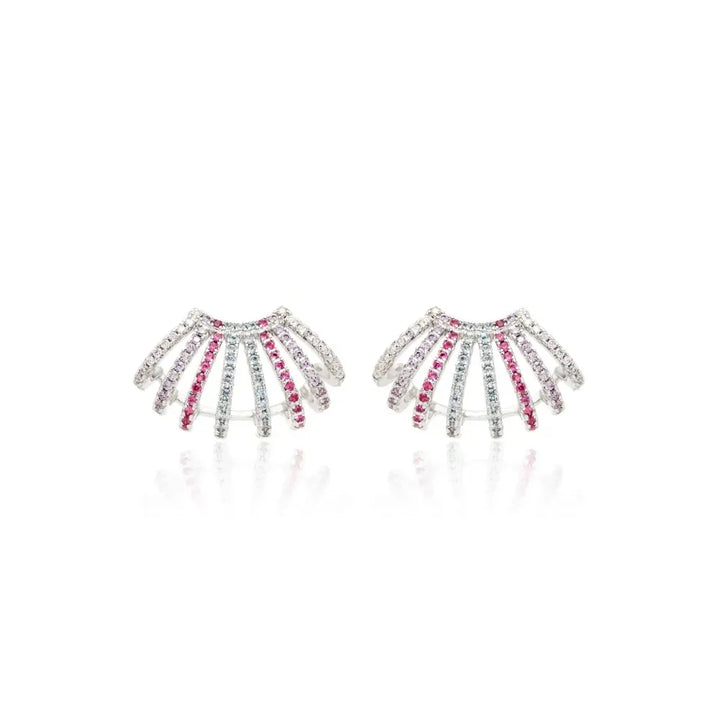 Bright Multicolour Cubic Zirconia Ear Cuff Earring, Rhodium Plated