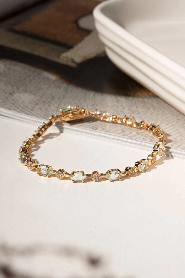 Bright Oval Aquamarine Crystal Bracelet, 18k Gold Filled