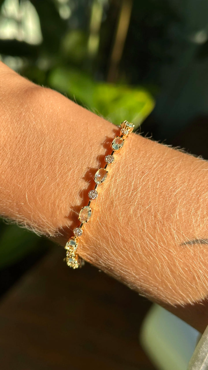 Bright Oval Aquamarine Crystal Bracelet, 18k Gold Filled