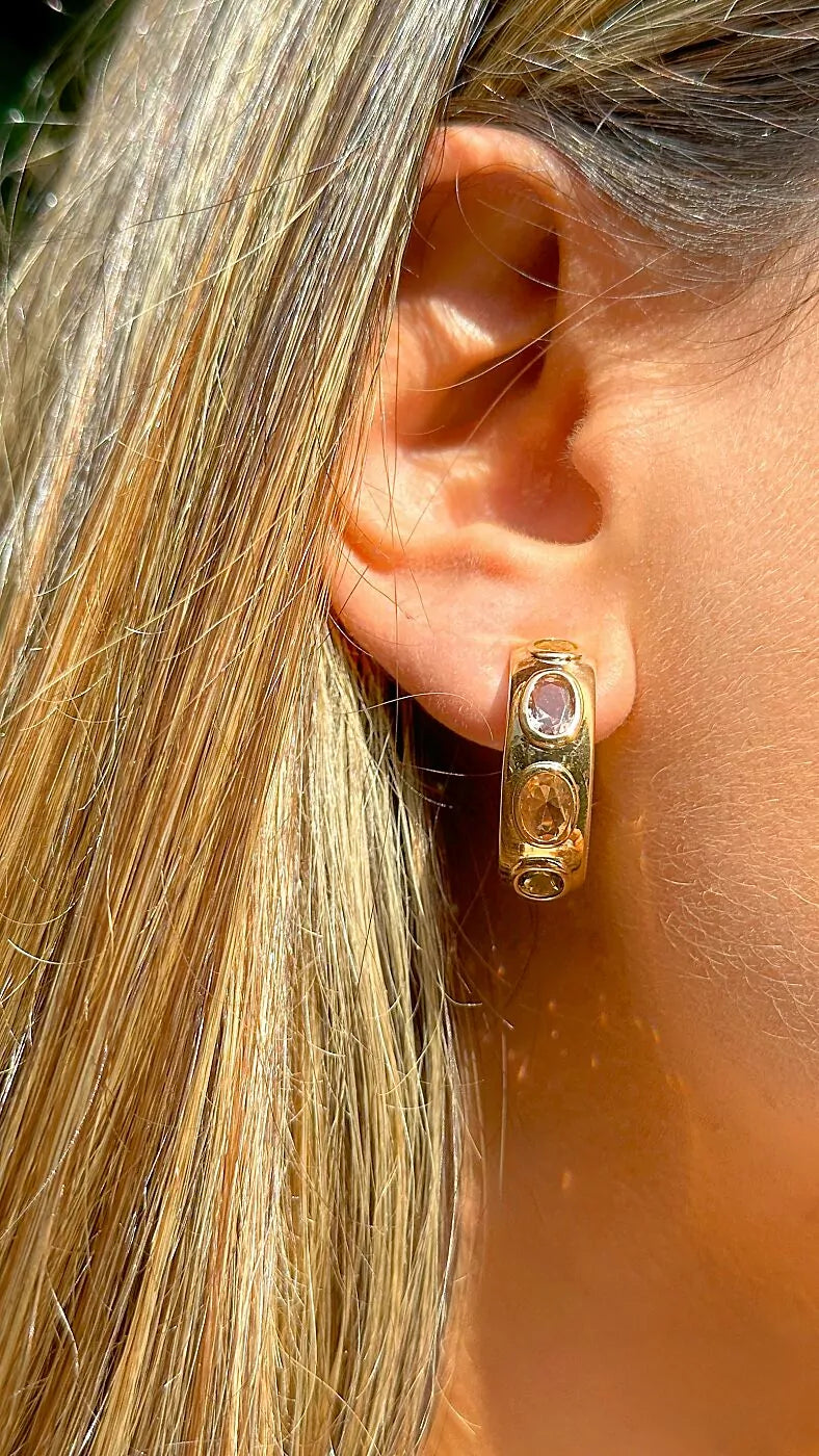 Bright Oval Citrine, Rhodolite & Peridot Crystal Full Hoop Earrings, 18k Gold Filled