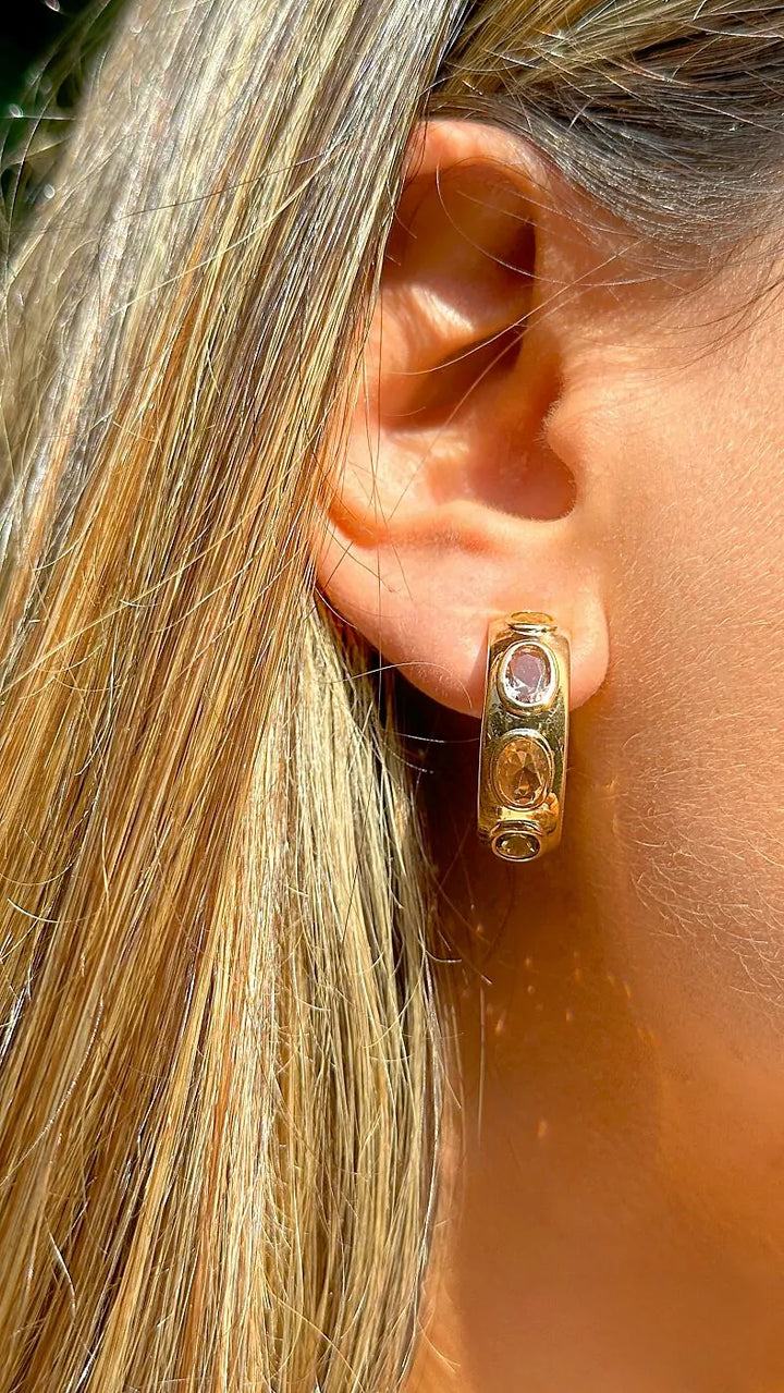 Bright Oval Citrine, Rhodolite & Peridot Crystal Full Hoop Earrings, 18k Gold Filled