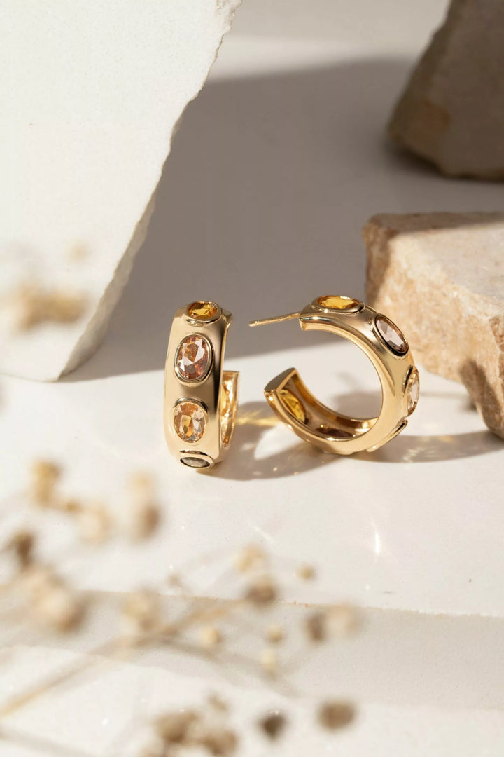 Bright Oval Citrine, Rhodolite & Peridot Crystal Full Hoop Earrings, 18k Gold Filled