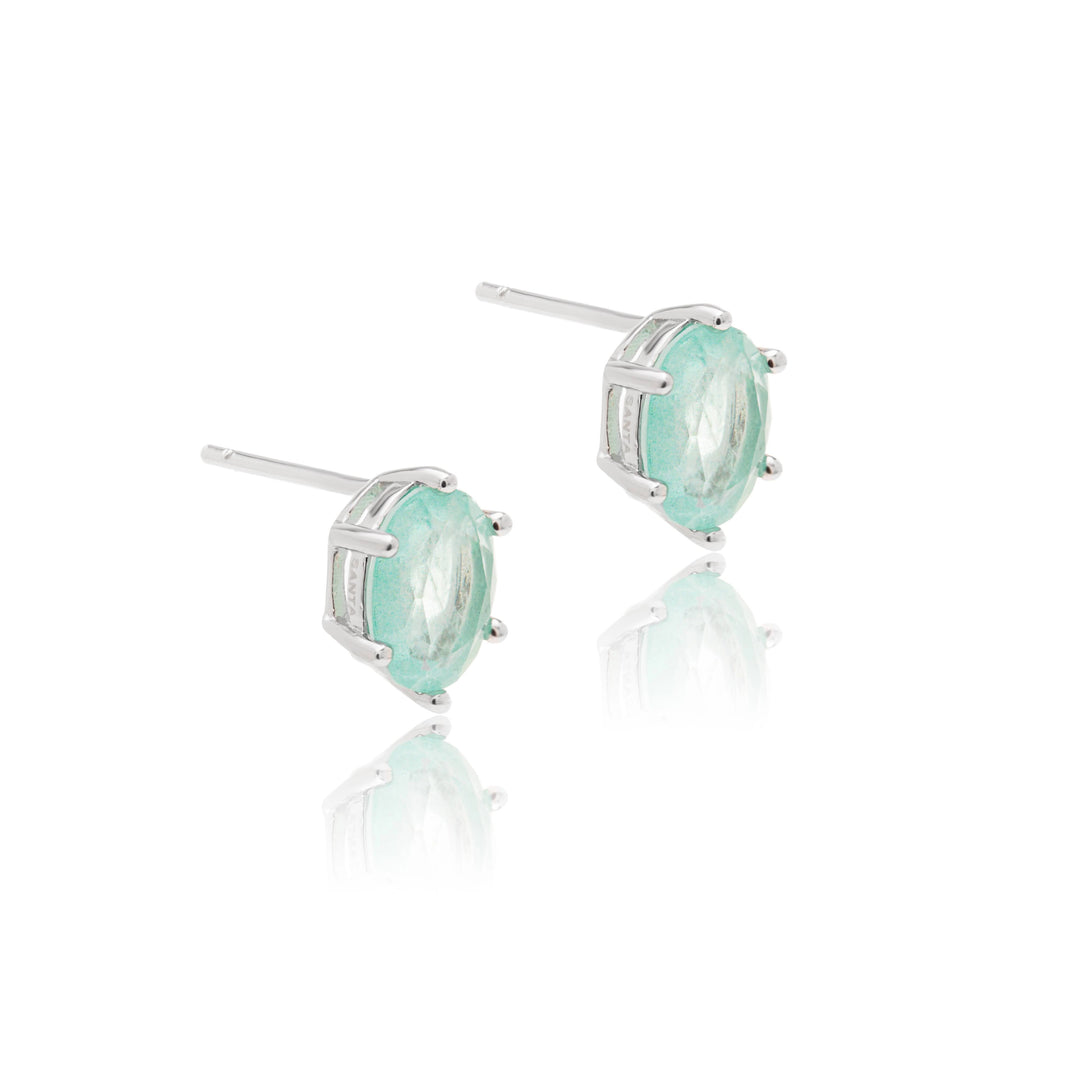 Bright Oval Light Tourmaline Fusion Stud Earrings, Rhodium Plated