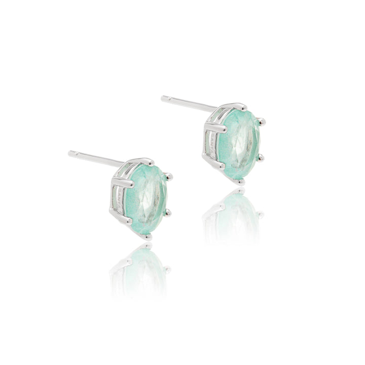 Bright Oval Light Tourmaline Fusion Stud Earrings, Rhodium Plated