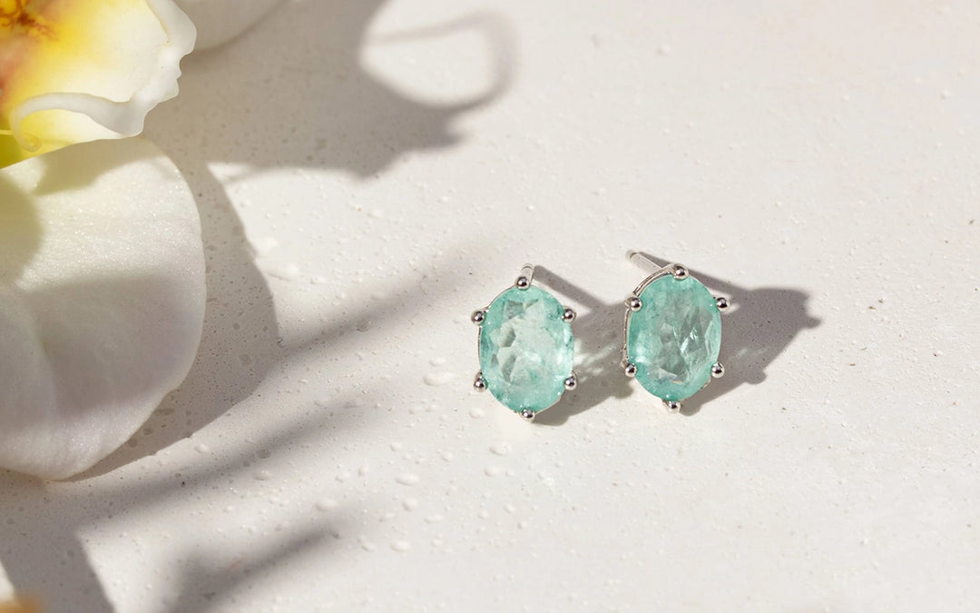 Bright Oval Light Tourmaline Fusion Stud Earrings, Rhodium Plated