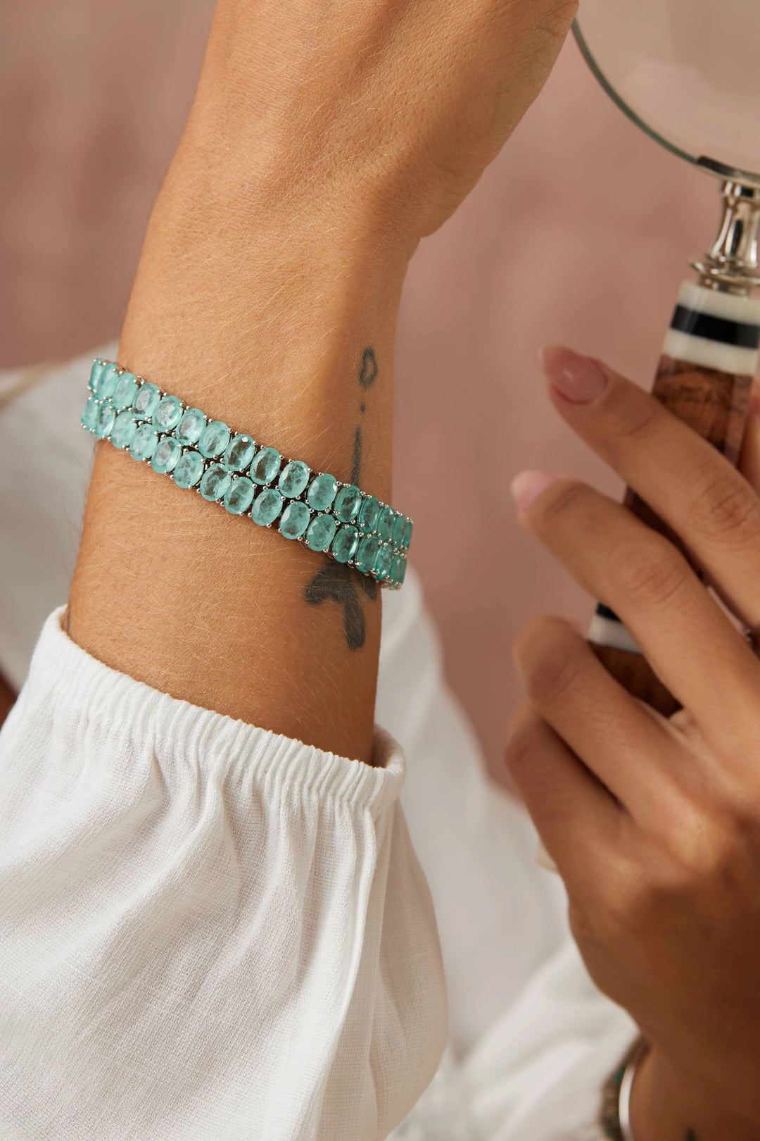 Bright Oval Light Tourmaline Fusion Tennis Bracelet 17cm, Rhodium Plated