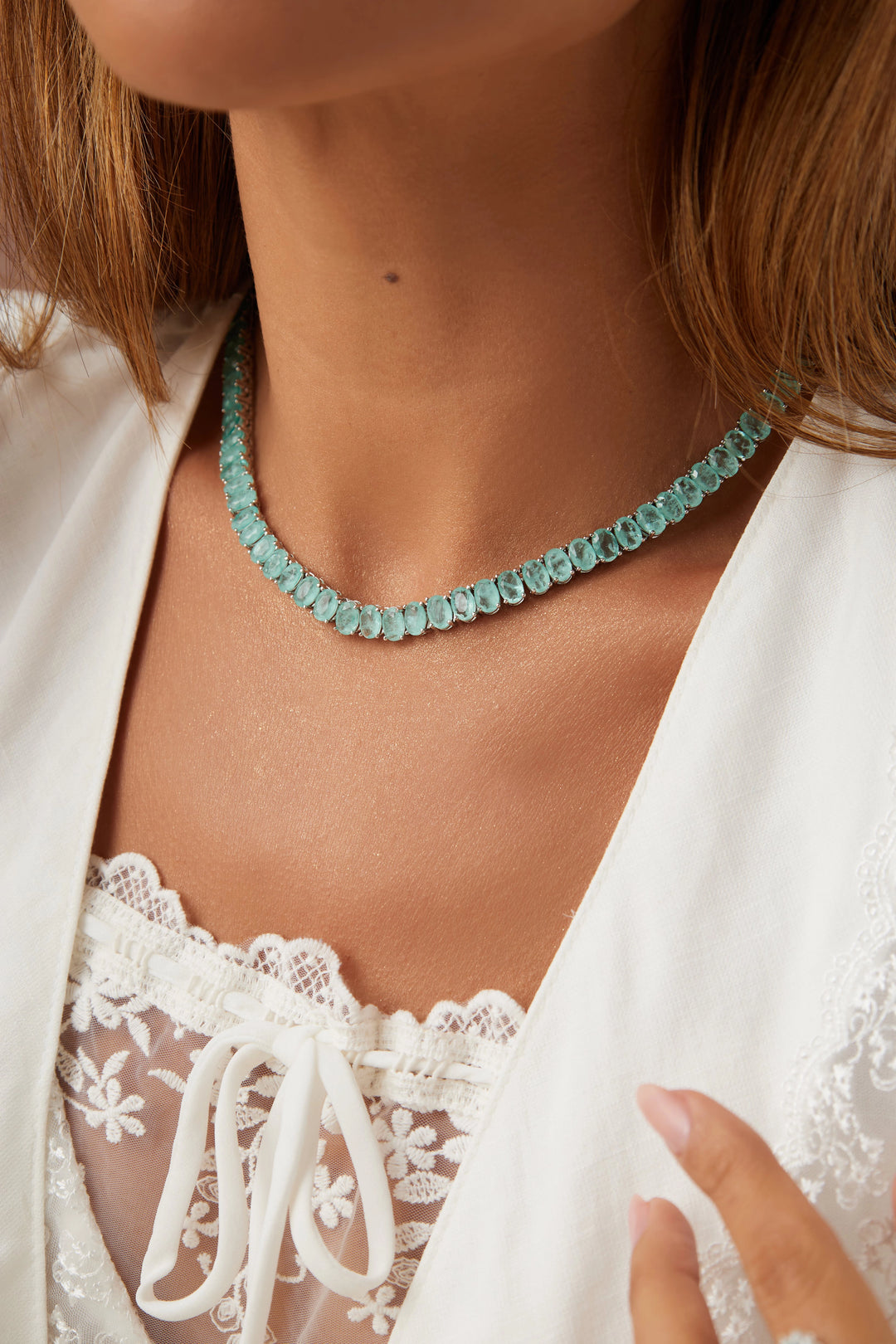 Bright Oval Light Tourmaline Fusion Tennis Necklace 40cm, Rhodium Plated