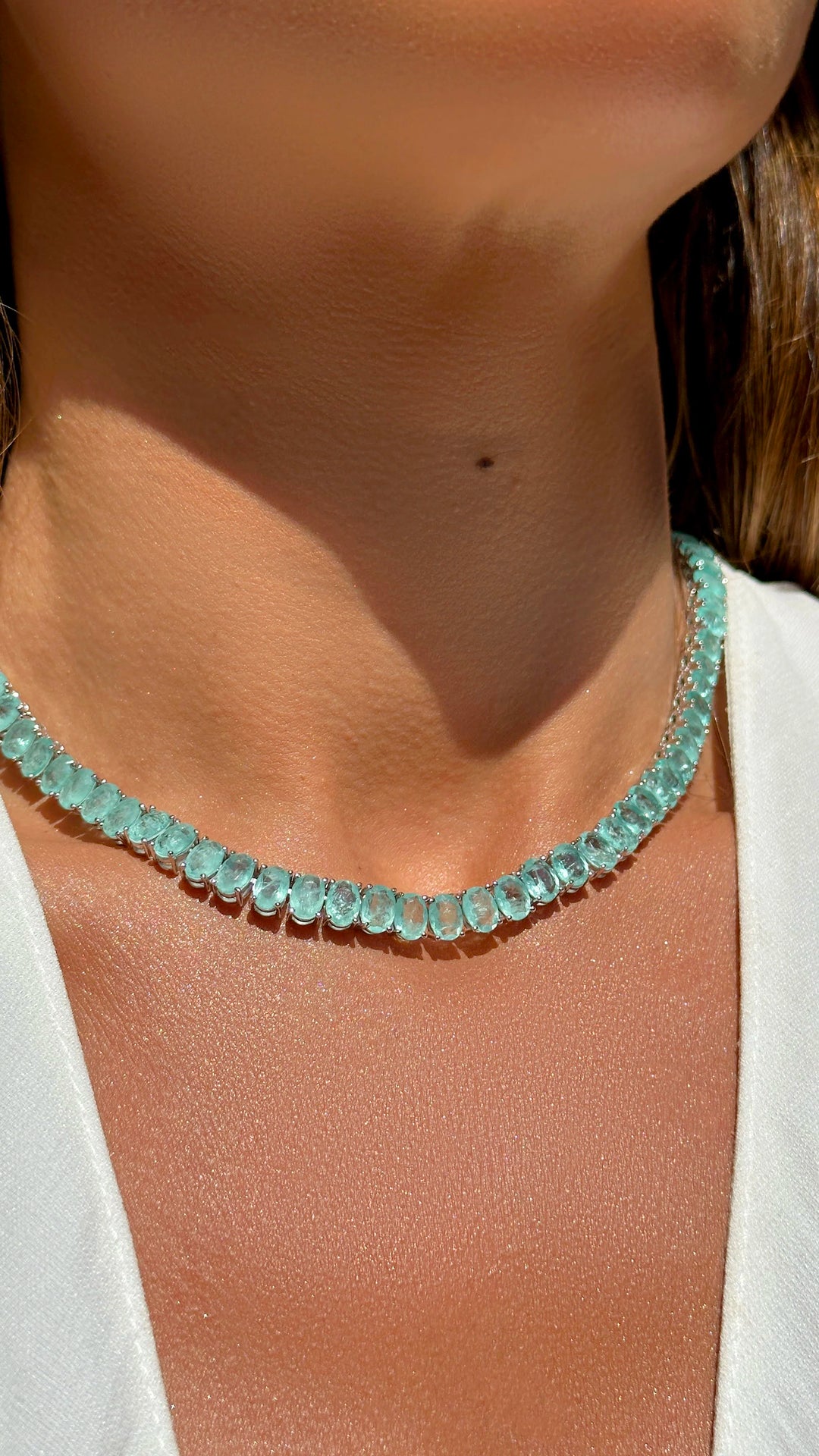 Bright Oval Light Tourmaline Fusion Tennis Necklace 40cm, Rhodium Plated