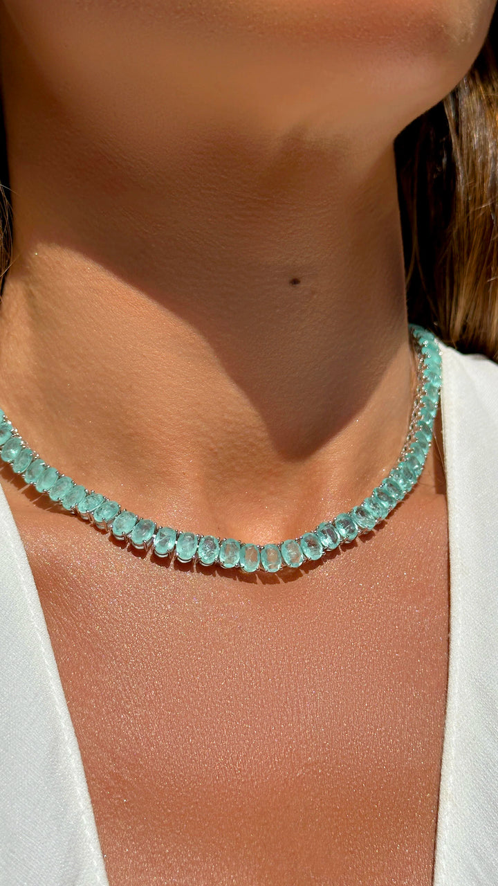 Bright Oval Light Tourmaline Fusion Tennis Necklace 40cm, Rhodium Plated
