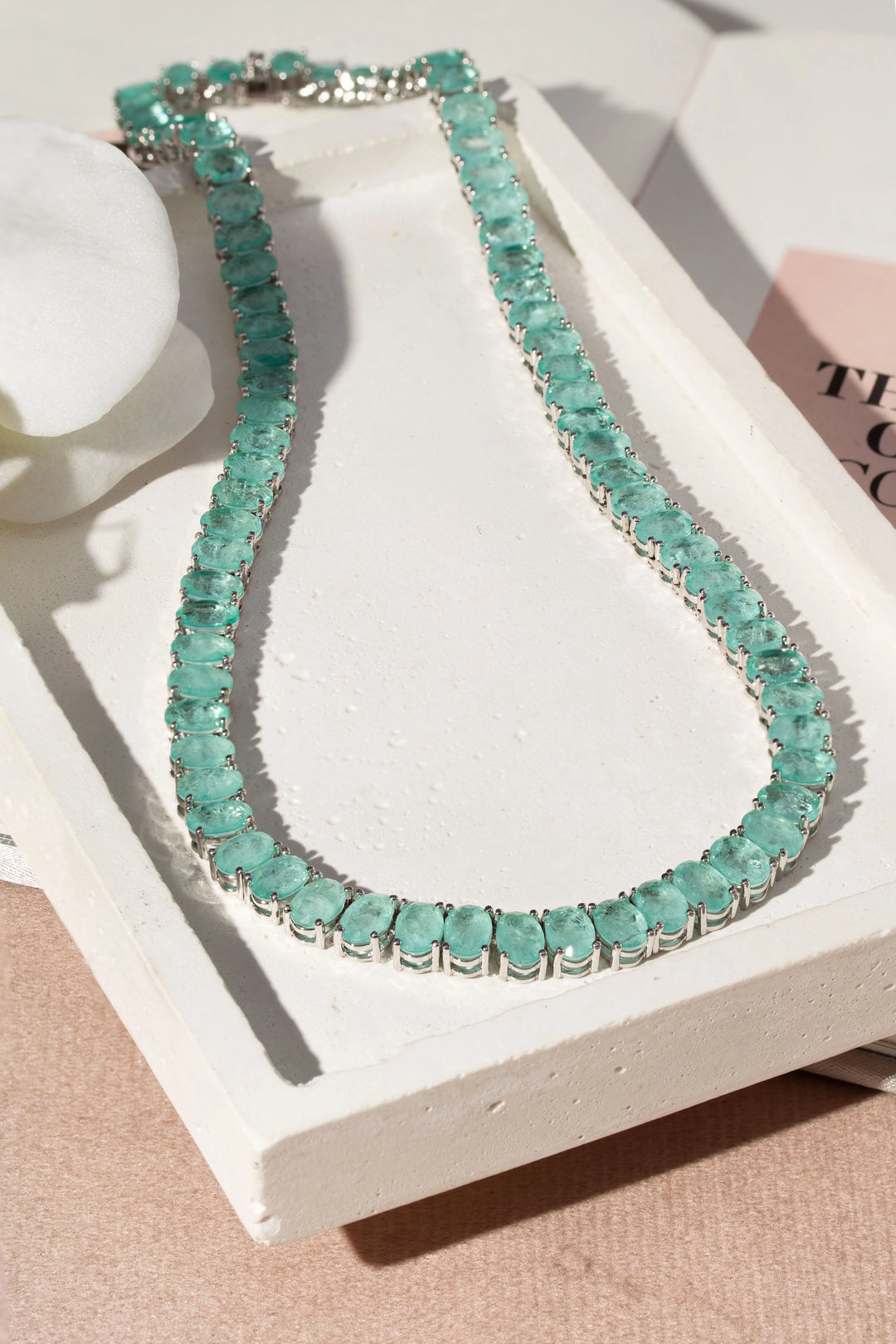 Bright Oval Light Tourmaline Fusion Tennis Necklace 40cm, Rhodium Plated