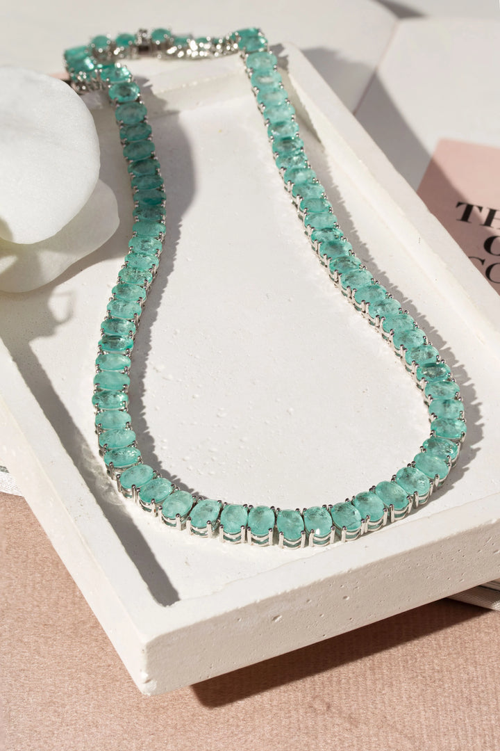 Bright Oval Light Tourmaline Fusion Tennis Necklace 40cm, Rhodium Plated