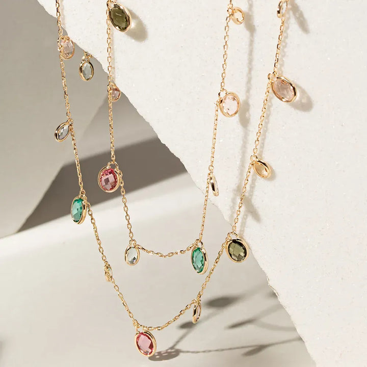 Bright Oval Multicolour Crystals Long Necklace, 18k Gold Filled Elladora Store Australia