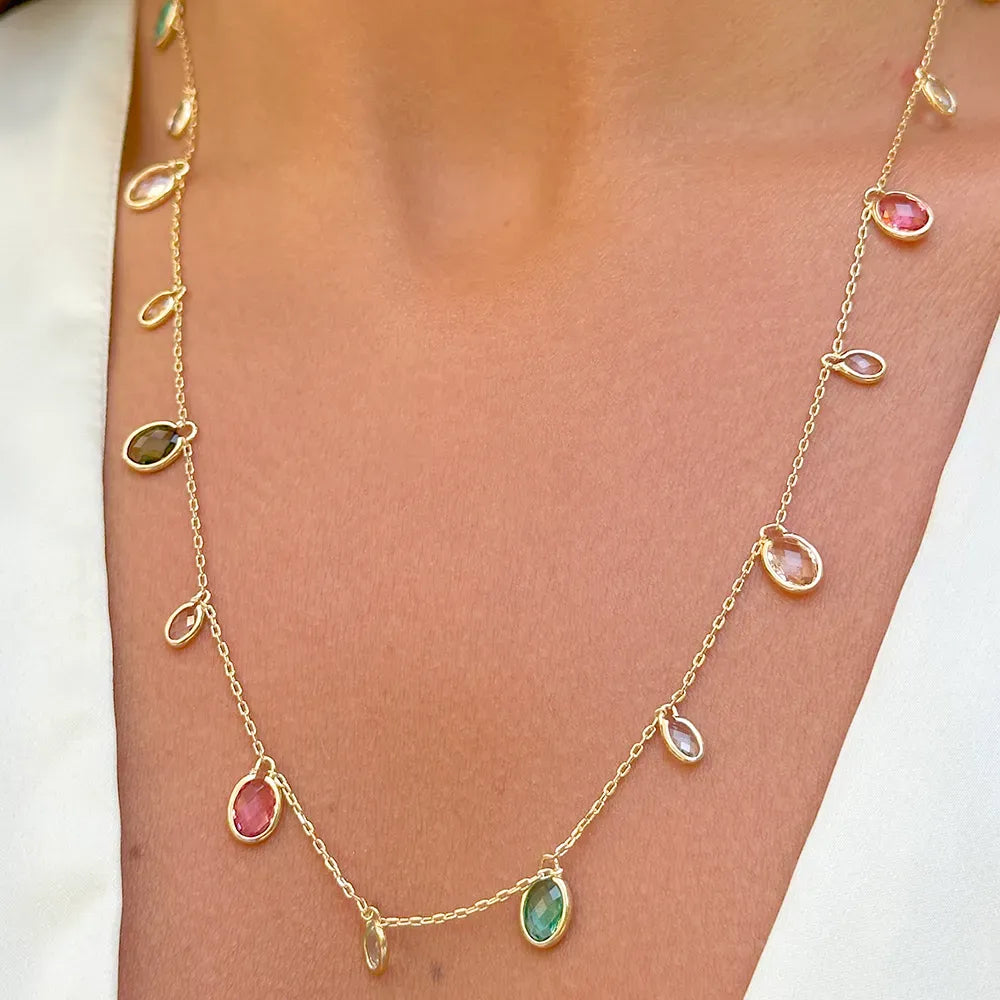 Woman wears Bright Oval Multicolour Crystals Long Necklace, 18k Gold Filled Elladora Store Australia