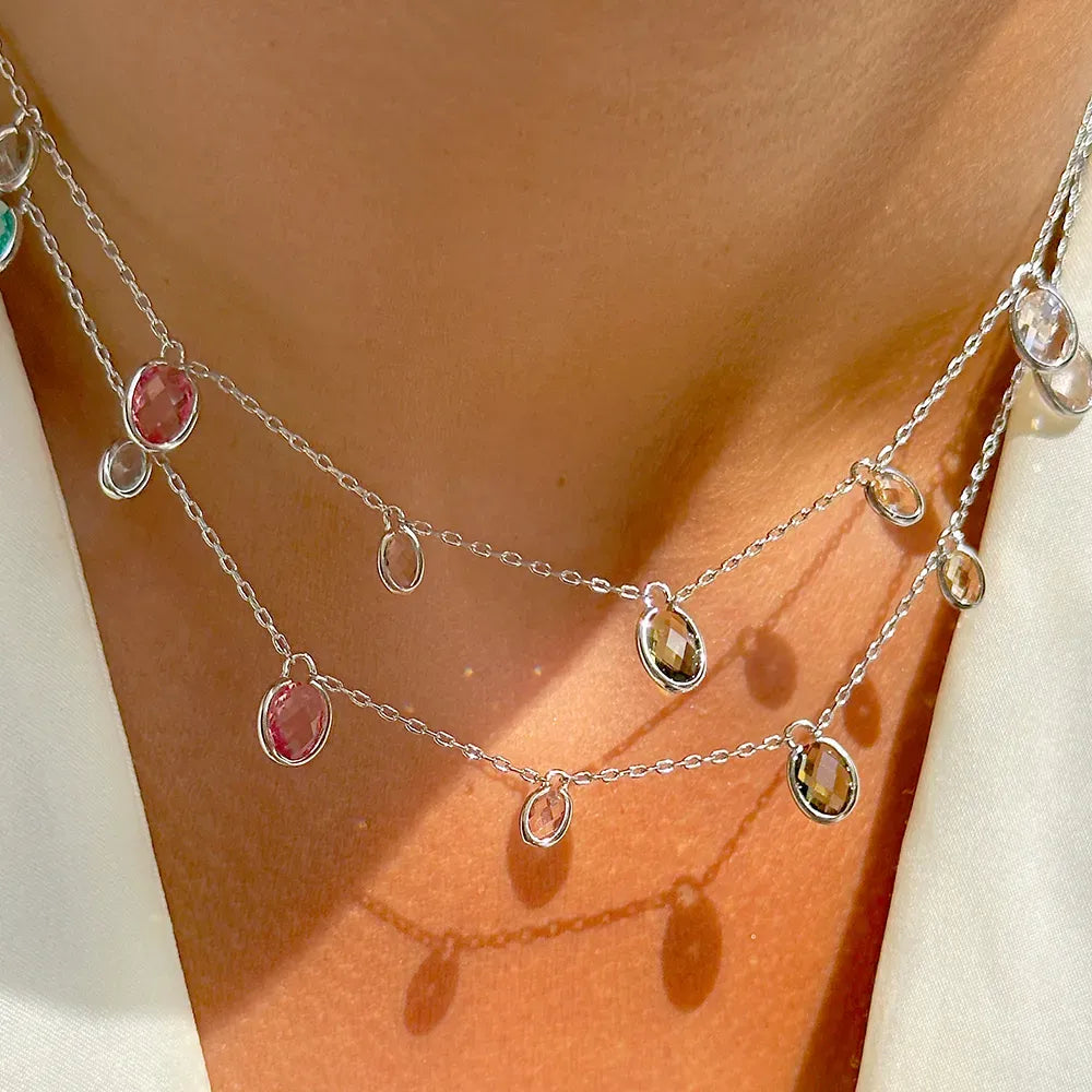 Woman wears Bright Oval Multicolour Crystals Long Necklace with 80cm, Rhodium Plated Elladora Store Australia