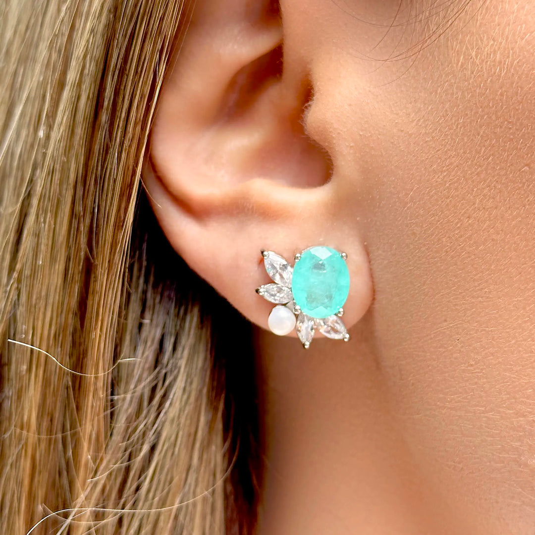 Bright Oval Paraiba Tourmaline Fusion & Pearl Earrings, 925 Sterling Silver