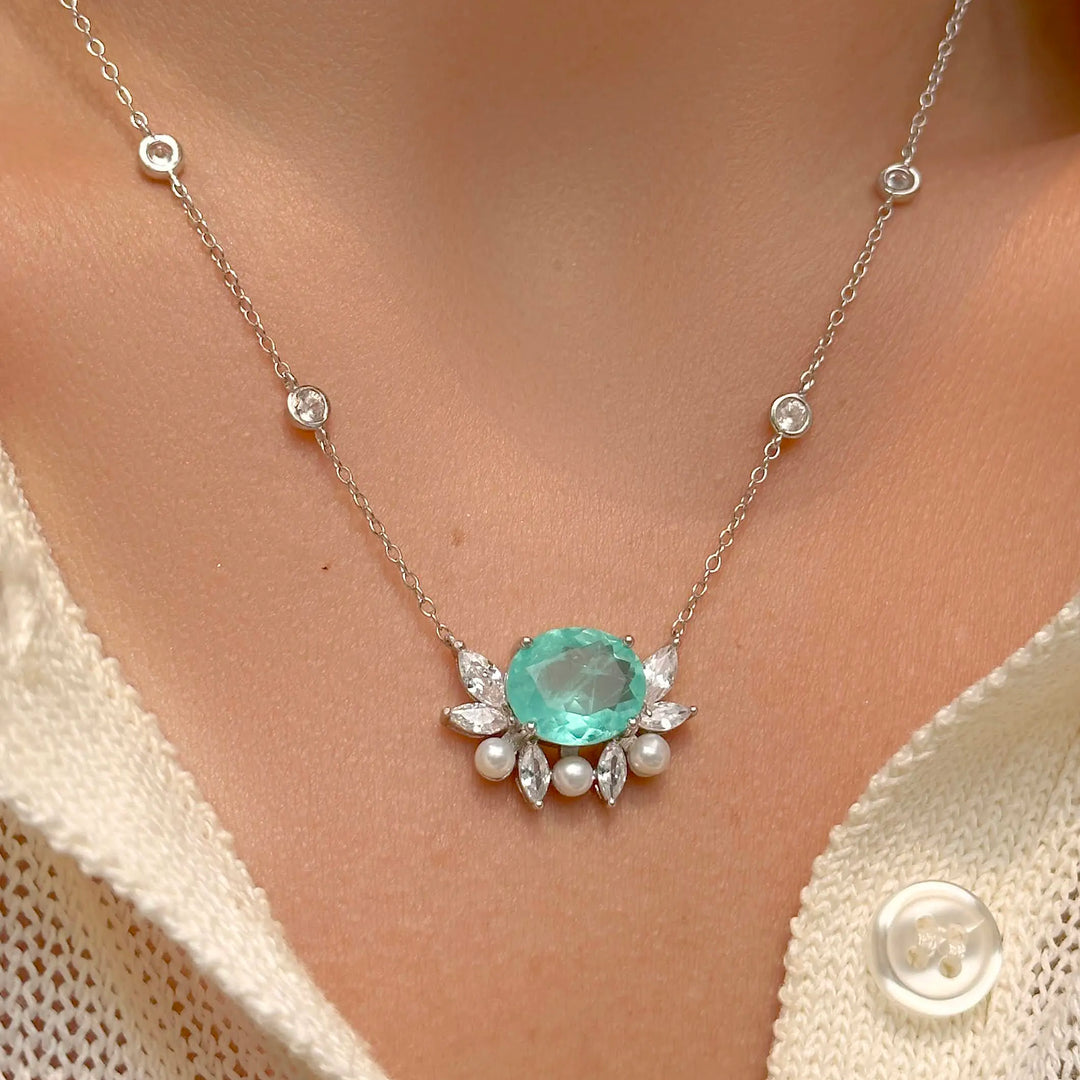 Bright Oval Paraiba Tourmaline Fusion & Pearl Necklace, 925 Sterling Silver