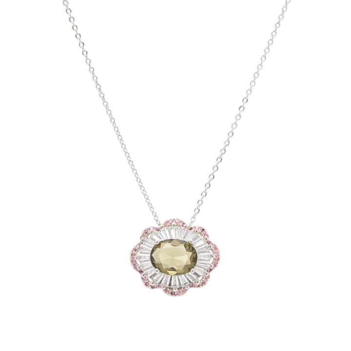 Bright Oval Peridot Crystal CZ Halo Pendant Necklace 55cm, Rhodium Plated