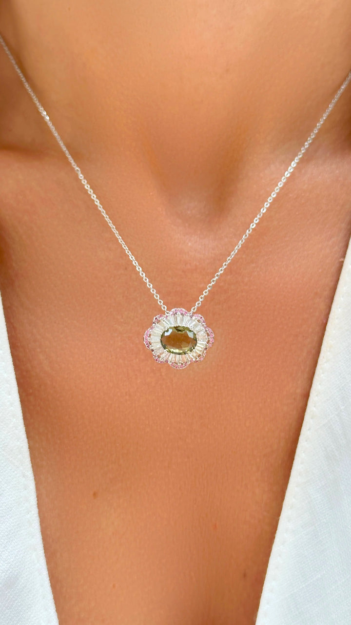 Bright Oval Peridot Crystal CZ Halo Pendant Necklace 55cm, Rhodium Plated