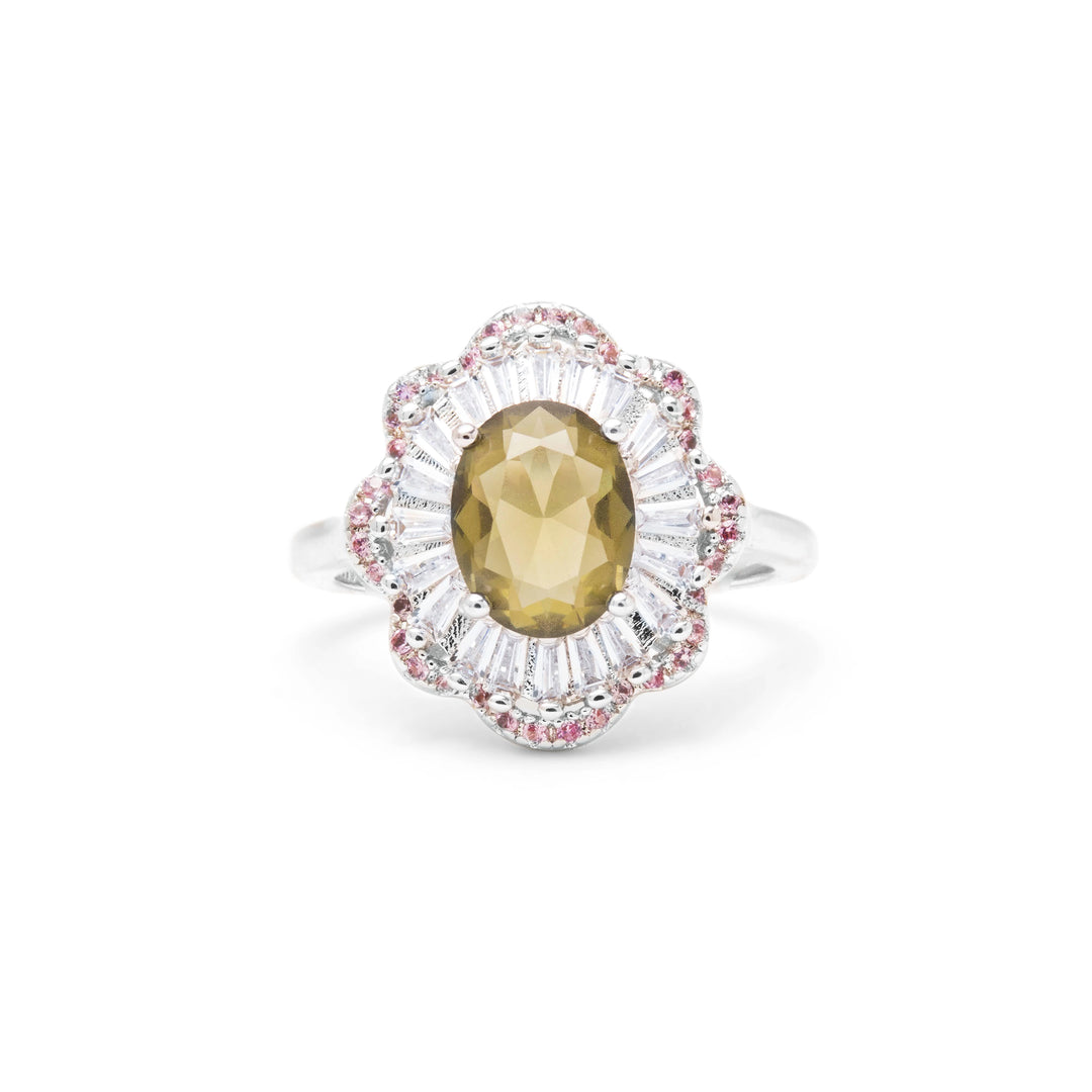 Bright Oval Peridot Crystal CZ Halo Ring, Rhodium Plated