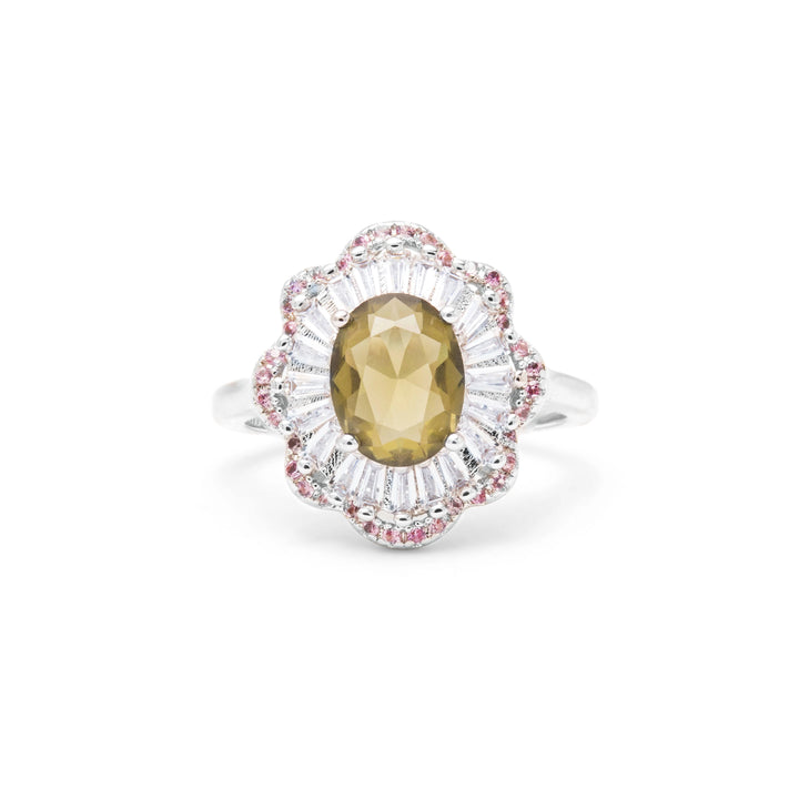 Bright Oval Peridot Crystal CZ Halo Ring, Rhodium Plated