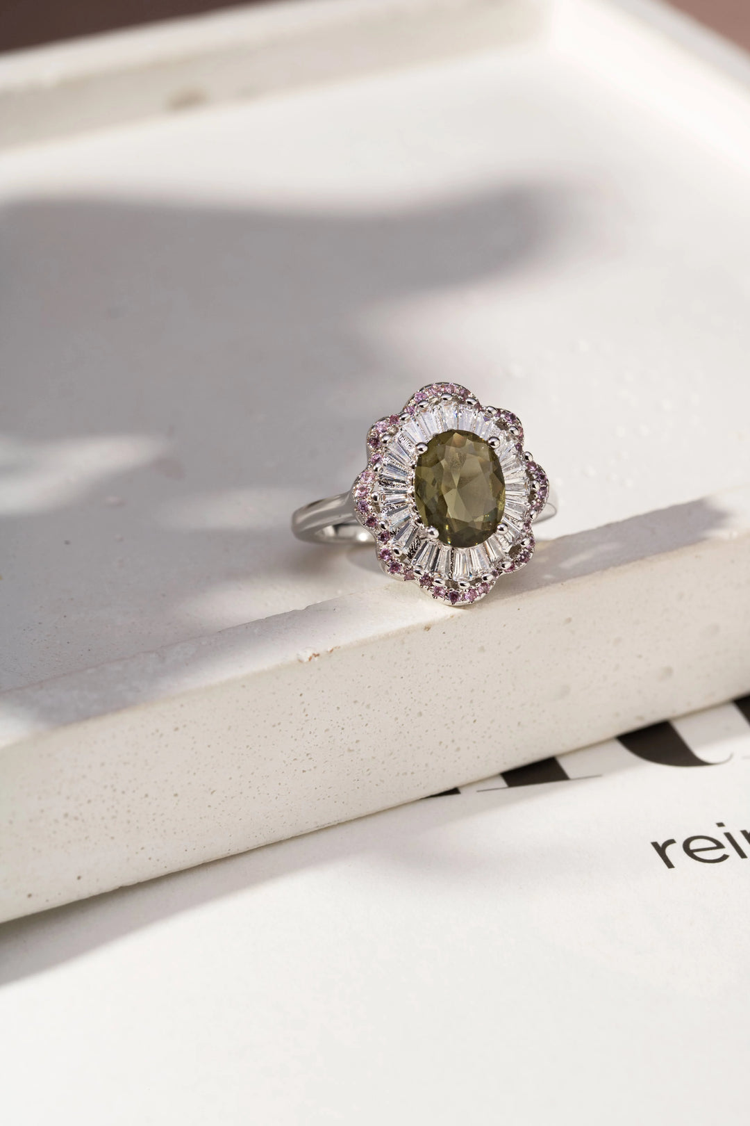 Bright Oval Peridot Crystal CZ Halo Ring, Rhodium Plated