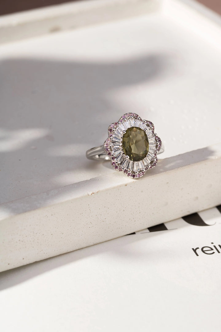 Bright Oval Peridot Crystal CZ Halo Ring, Rhodium Plated